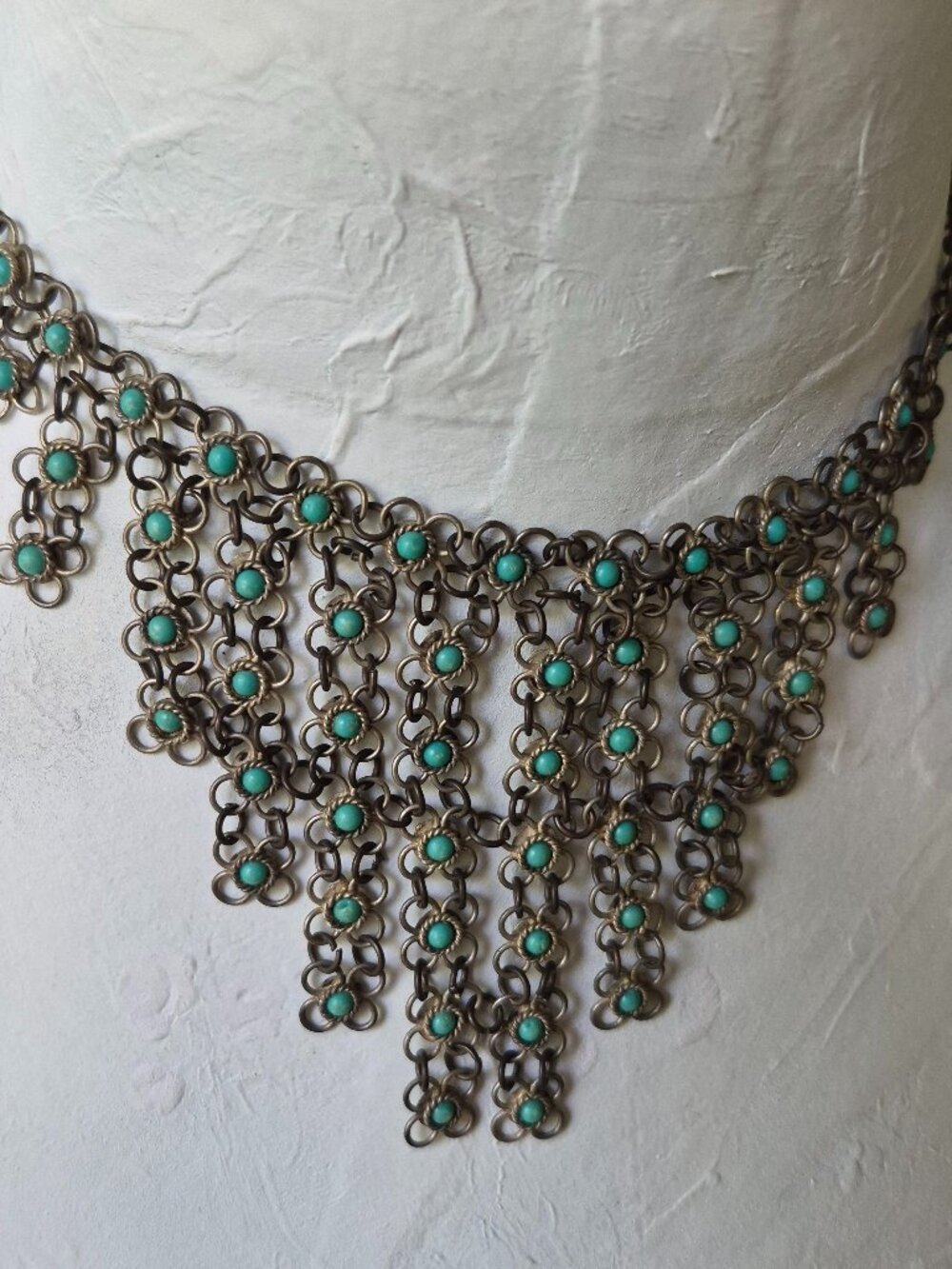 Vintage Brass Chainmail Turquoise silver tone Bib Choker Tribal Boho Necklace - Picture 7 of 9